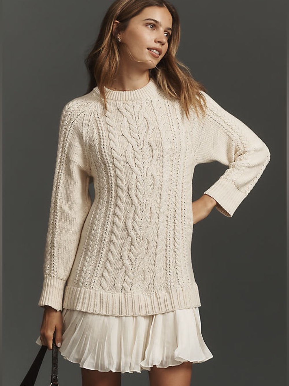 Anthropologie Cream Cable-Knit Sweater Dress with Pleated Skirt - Medium